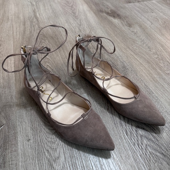 Unisa Lace Up Tie Pointed Ballet Flats Beige Suede 9 - Picture 1 of 9
